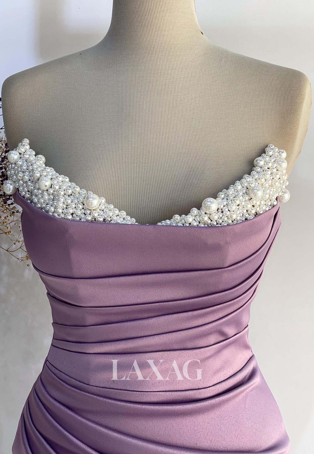 Sweetheart Sleeveless Beaded Mermaid Evening Dress Pleated Satin Formal Gowns with High Slit