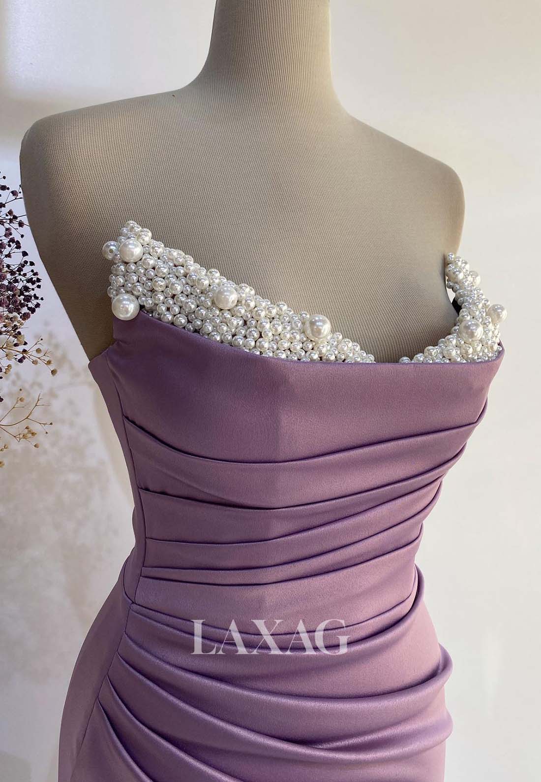 Sweetheart Sleeveless Beaded Mermaid Evening Dress Pleated Satin Formal Gowns with High Slit