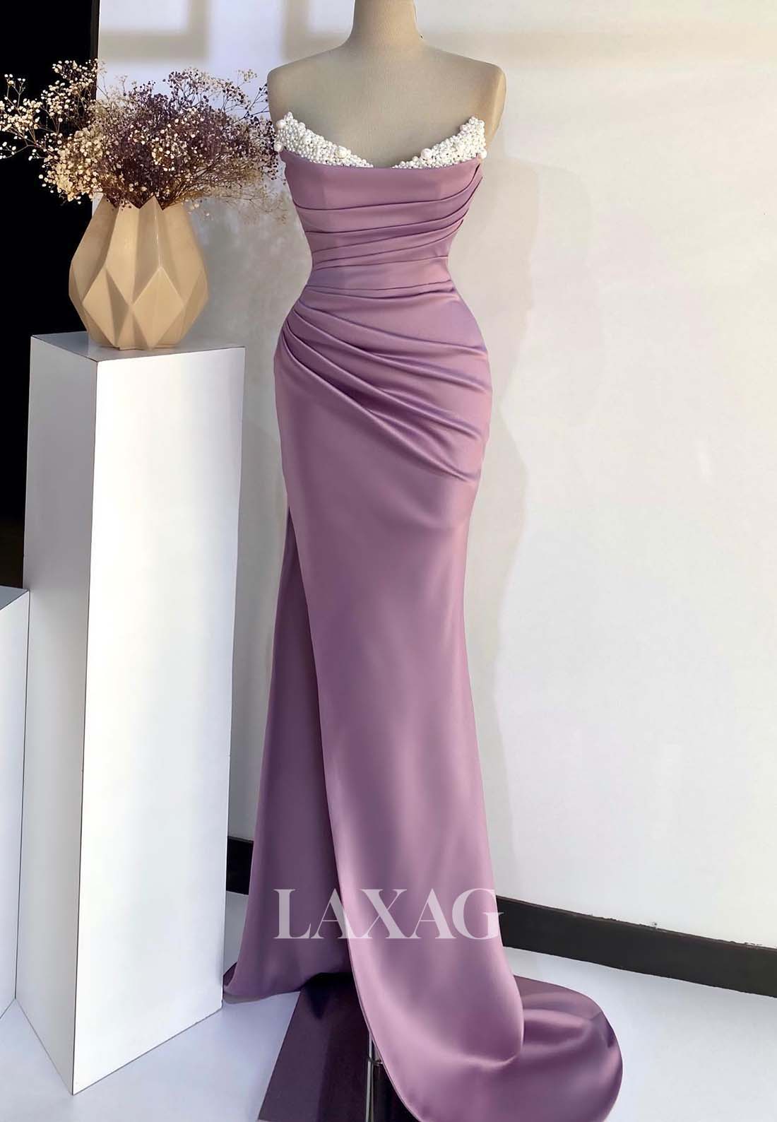 Sweetheart Sleeveless Beaded Mermaid Evening Dress Pleated Satin Formal Gowns with High Slit