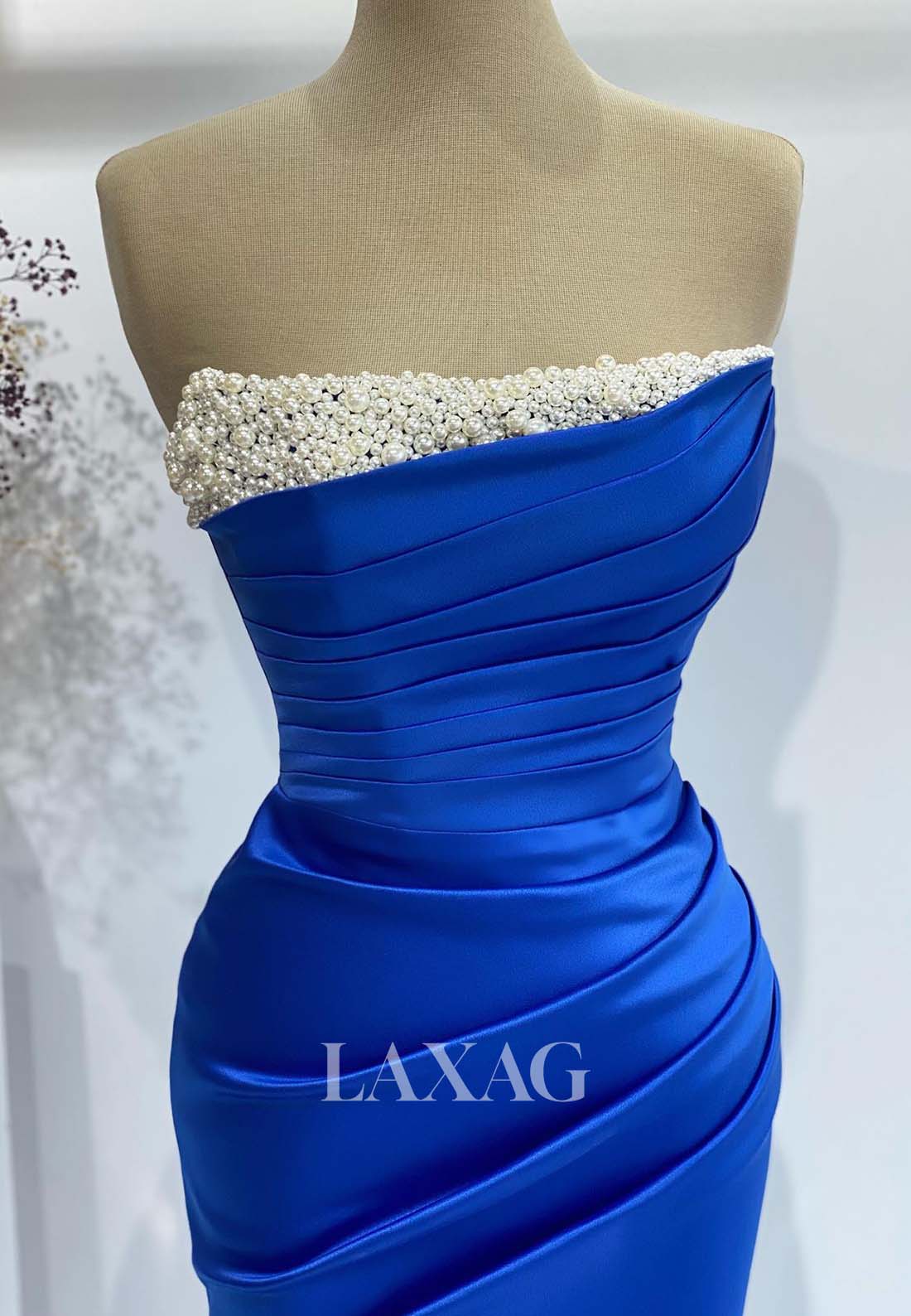Beaded Tube Top Sleeveless Mermaid Formal Dress Pleated Satin Floor-Length Evening Gowns