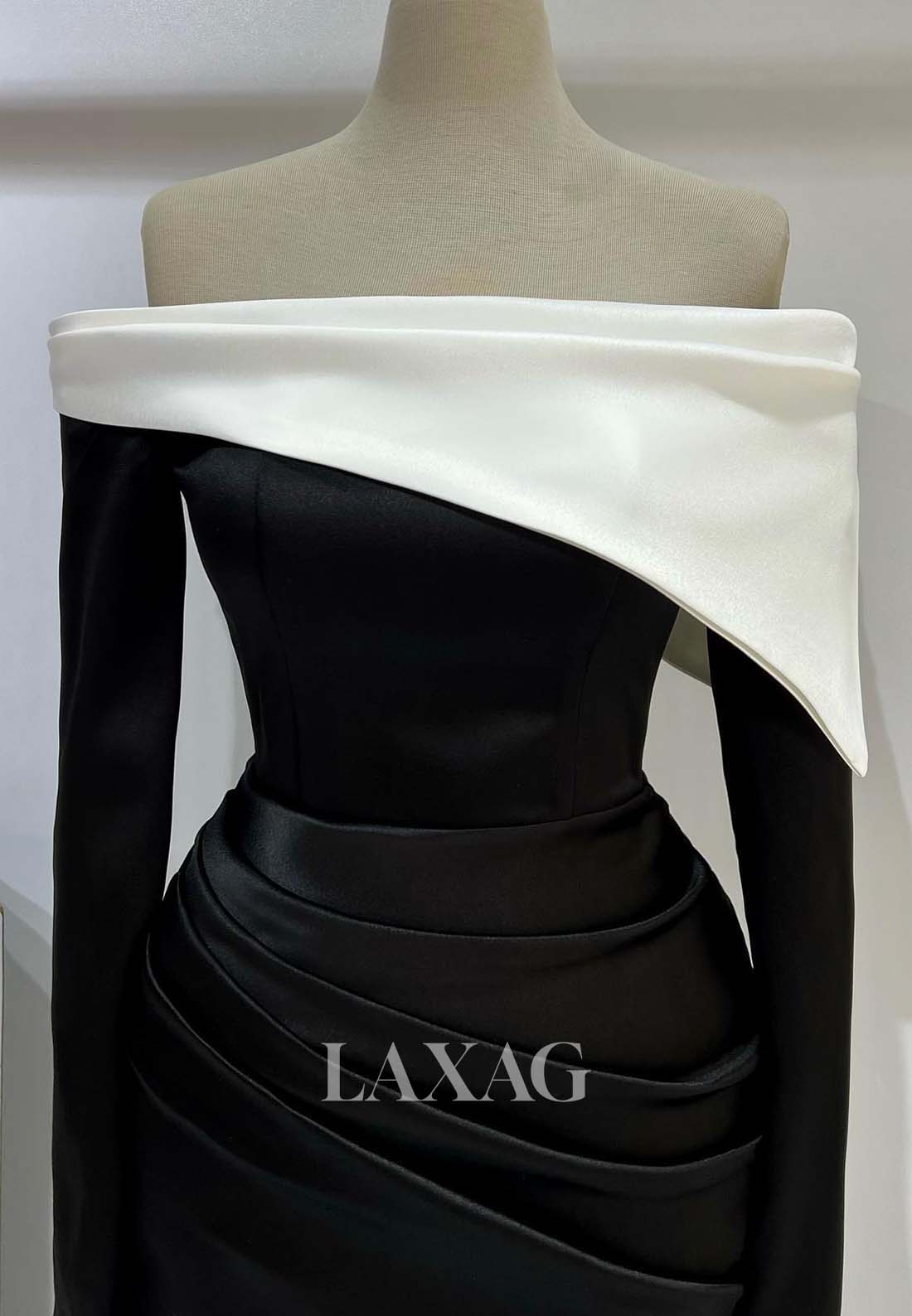 Tube Top Long-Sleeves Pleated Formal Gowns Two Tone Satin Mermaid Evening Dress with Sweep Train