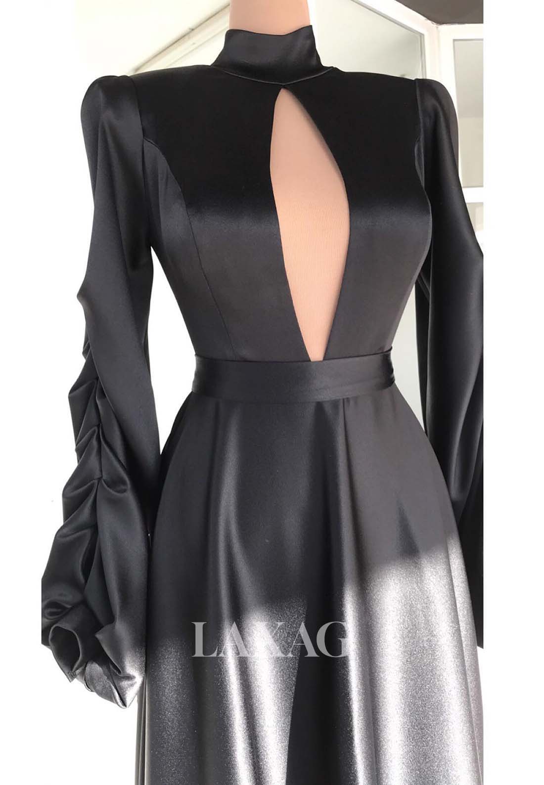 Simple High-Neck Long-Sleeves Fitted Evening Dress Pleated Cutout Satin Formal Gowns