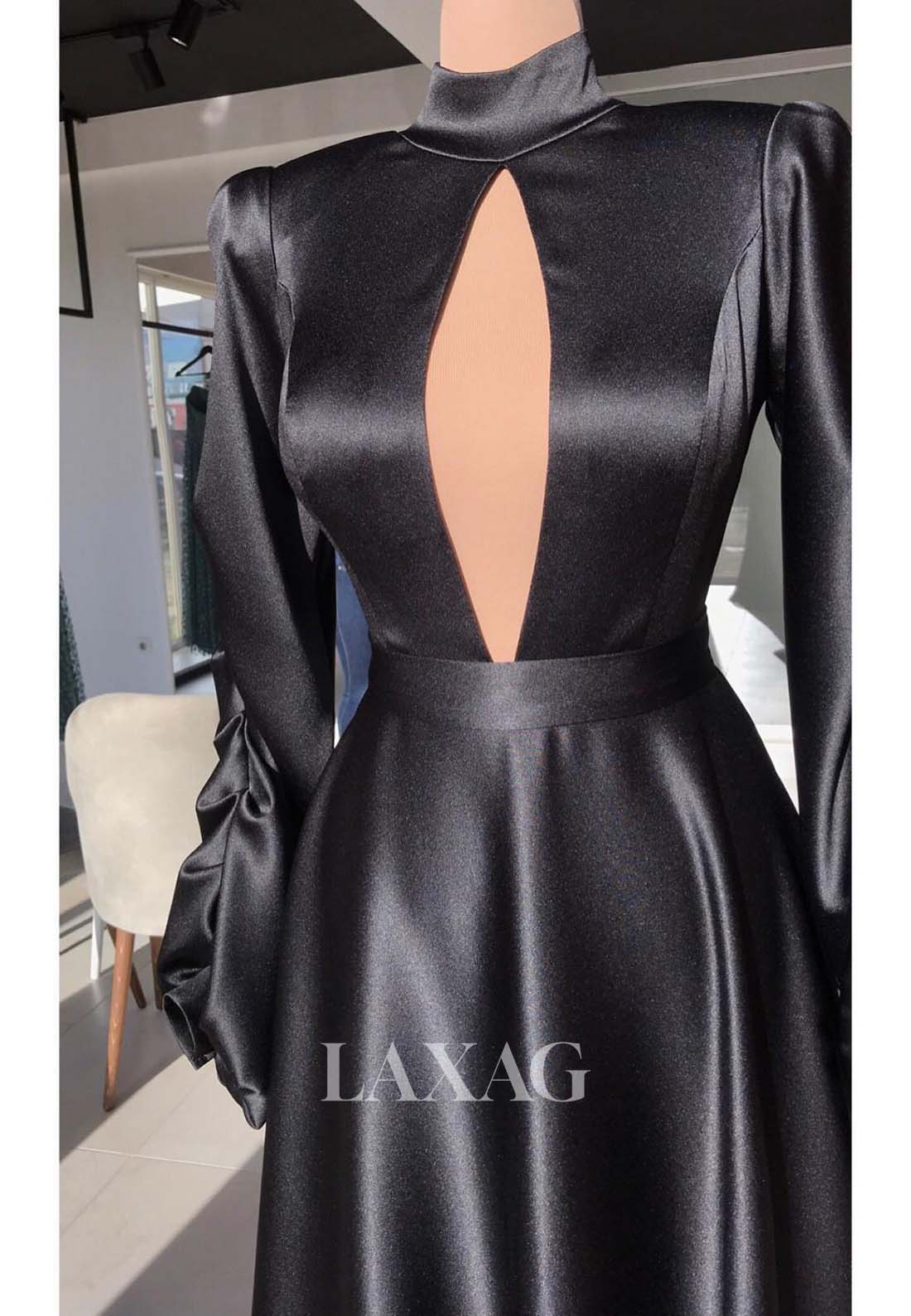 Simple High-Neck Long-Sleeves Fitted Evening Dress Pleated Cutout Satin Formal Gowns
