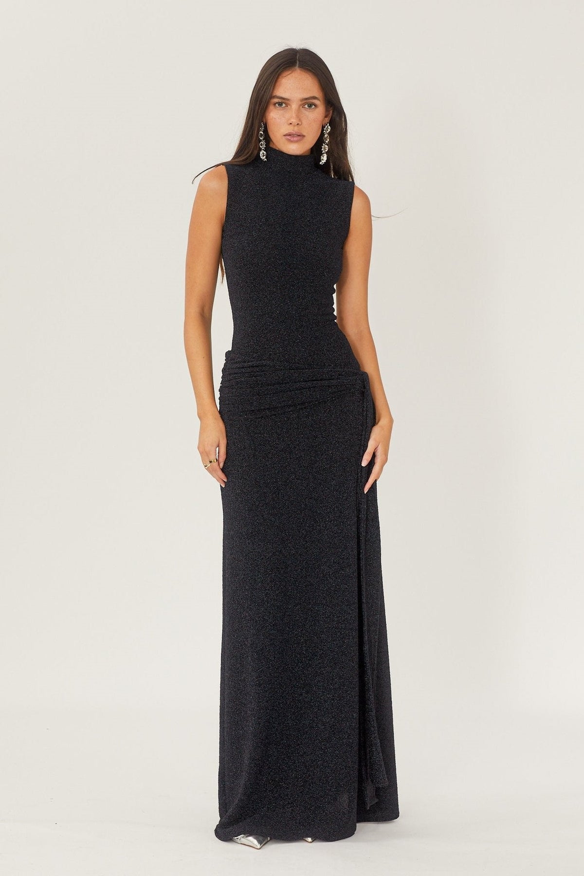Glitter Knit Mock Neck Sleeveless Tie Waist Mermaid Maxi Dress 2