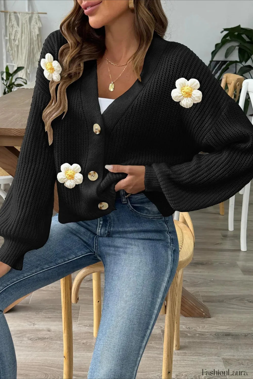 Short Floral Knit Long Sleeve Cardigan