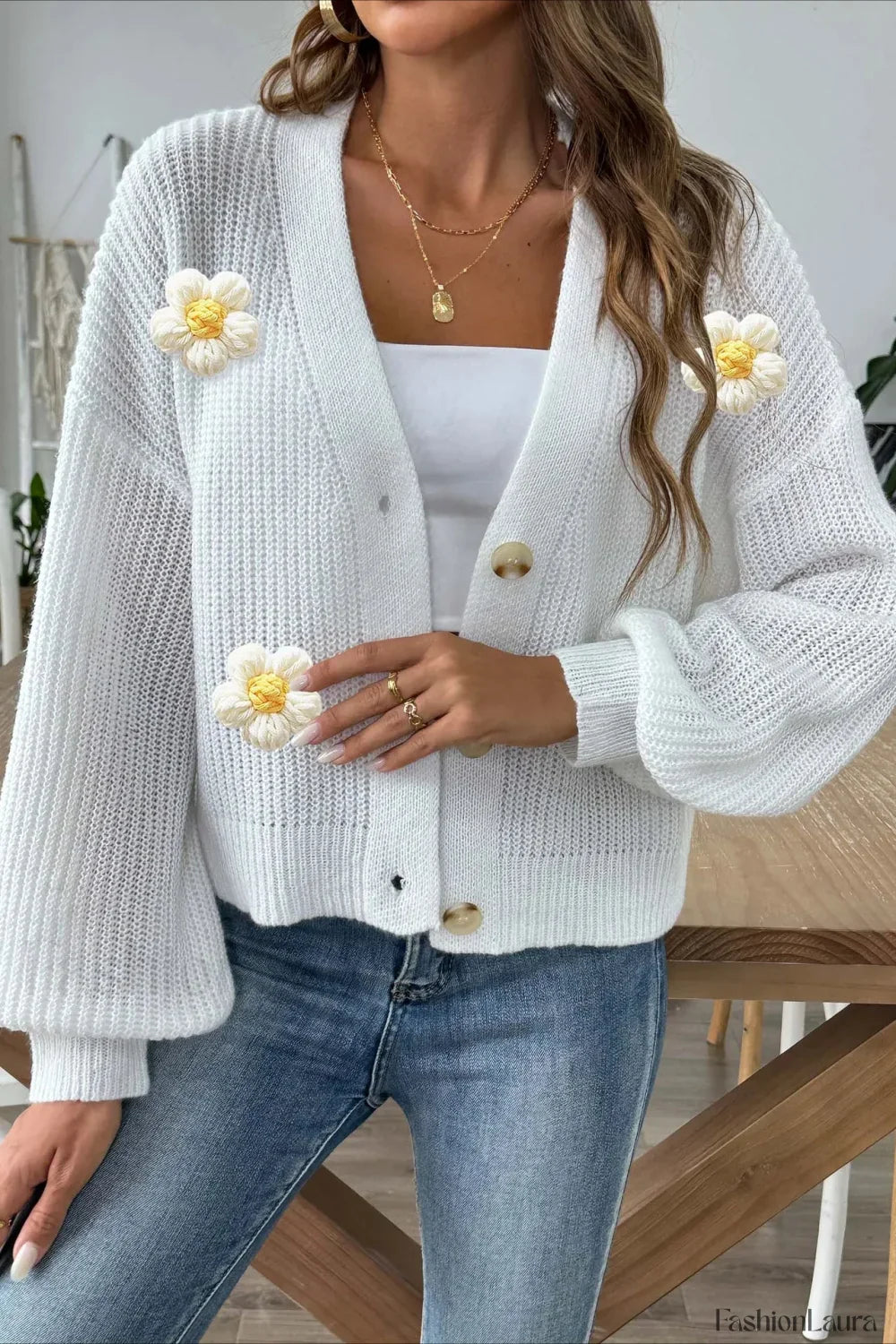 Short Floral Knit Long Sleeve Cardigan