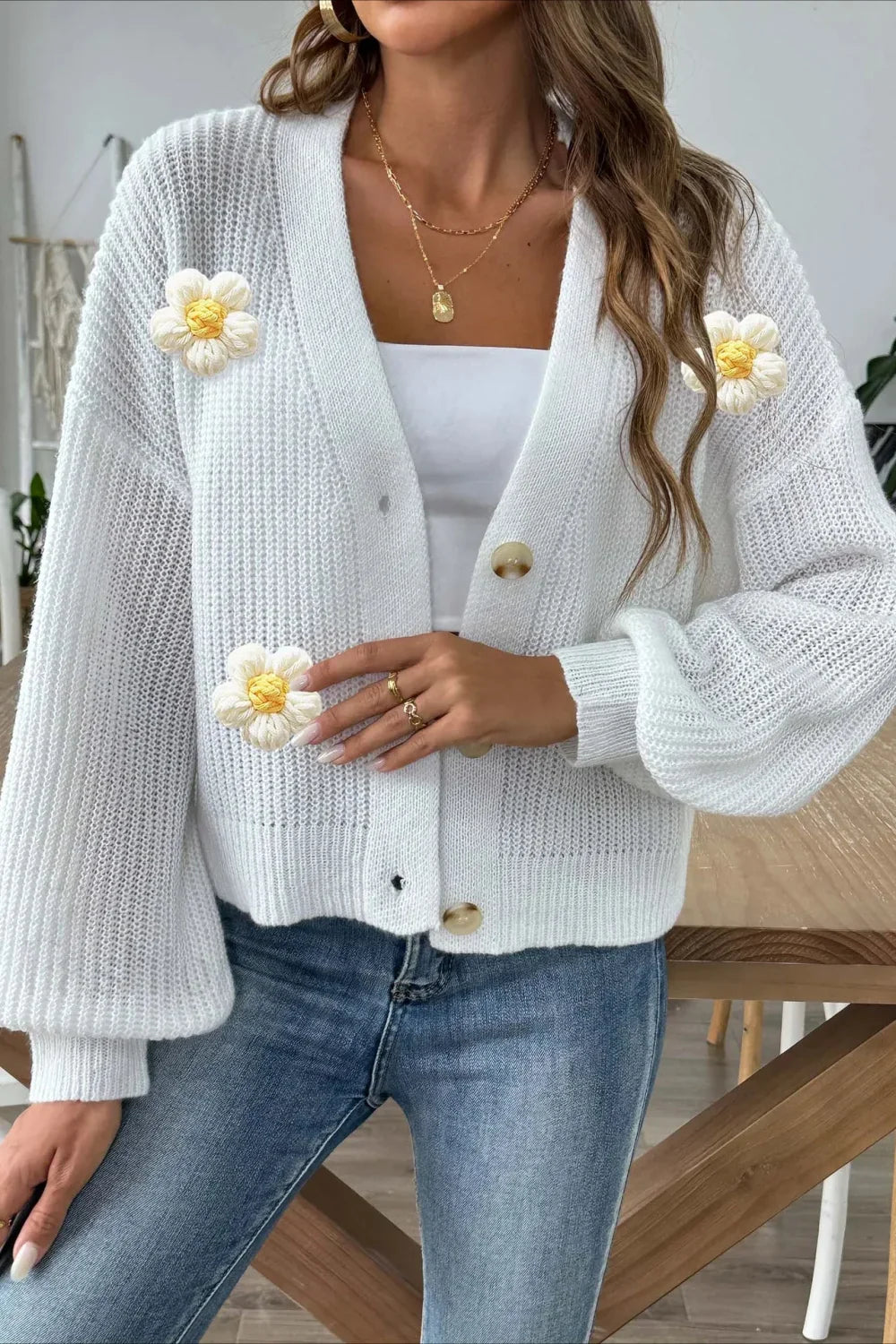 Short Floral Knit Long Sleeve Cardigan