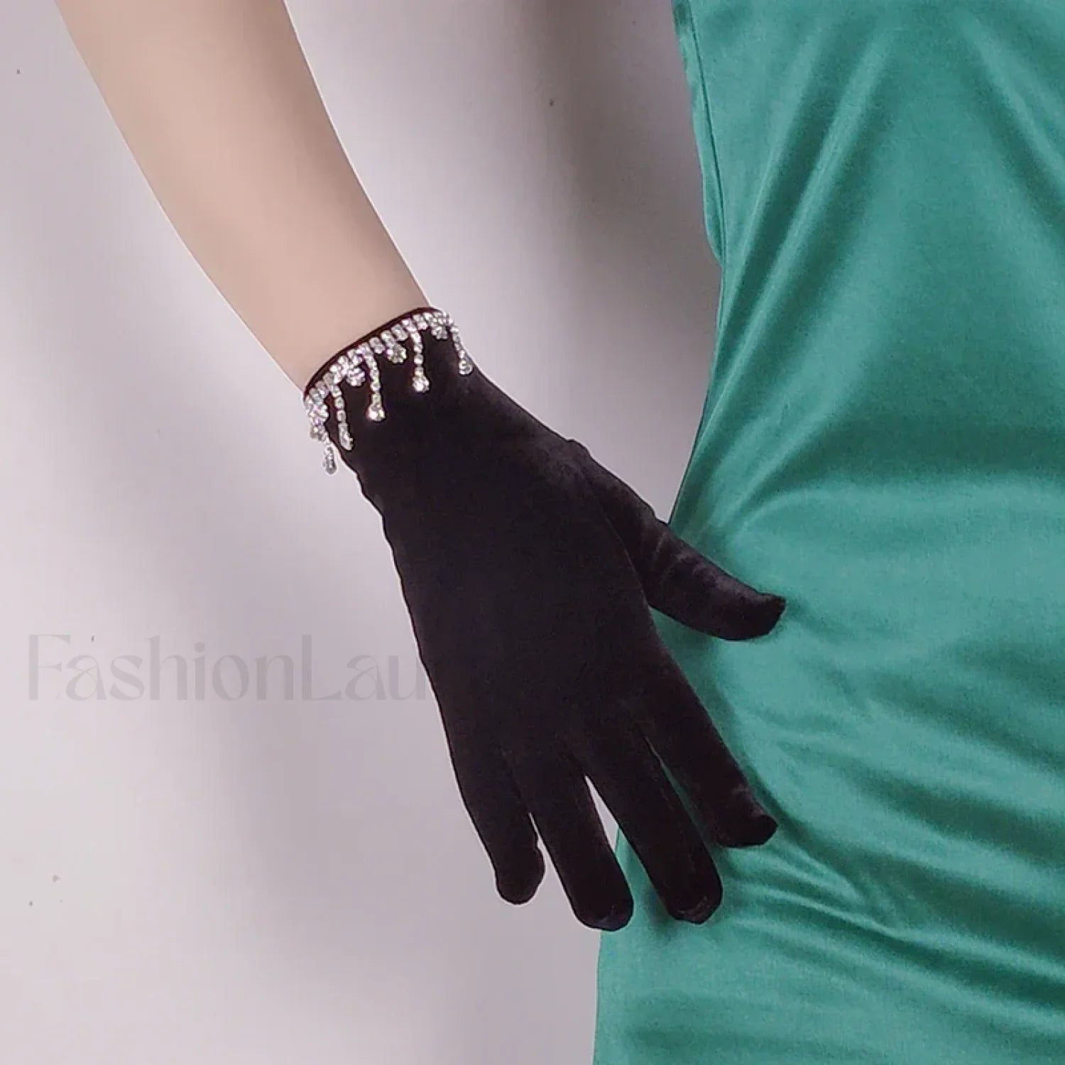 Short Golden Velvet Tassel Rhinestone Makeup Party Opera Dance Full Finger Christmas Glove
