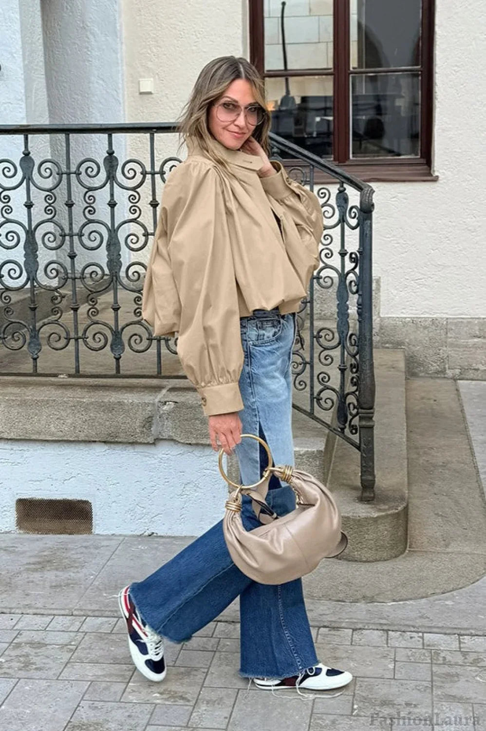 Short Khaki Puff Sleeve Trench Coat