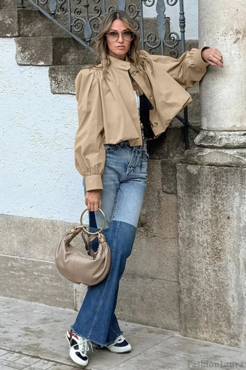 Short Khaki Puff Sleeve Trench Coat