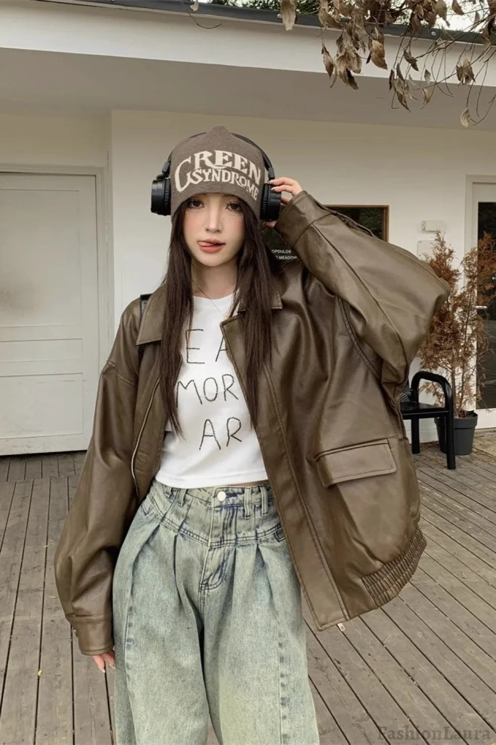 Short Length Oversized Moto Jacket M / Brown
