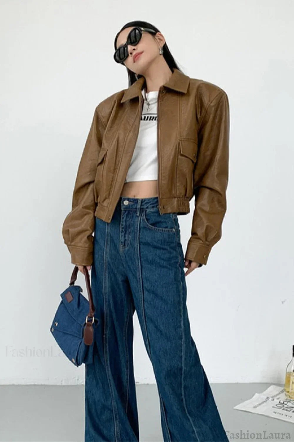 Short PU Leather Notch Lapel Jacket