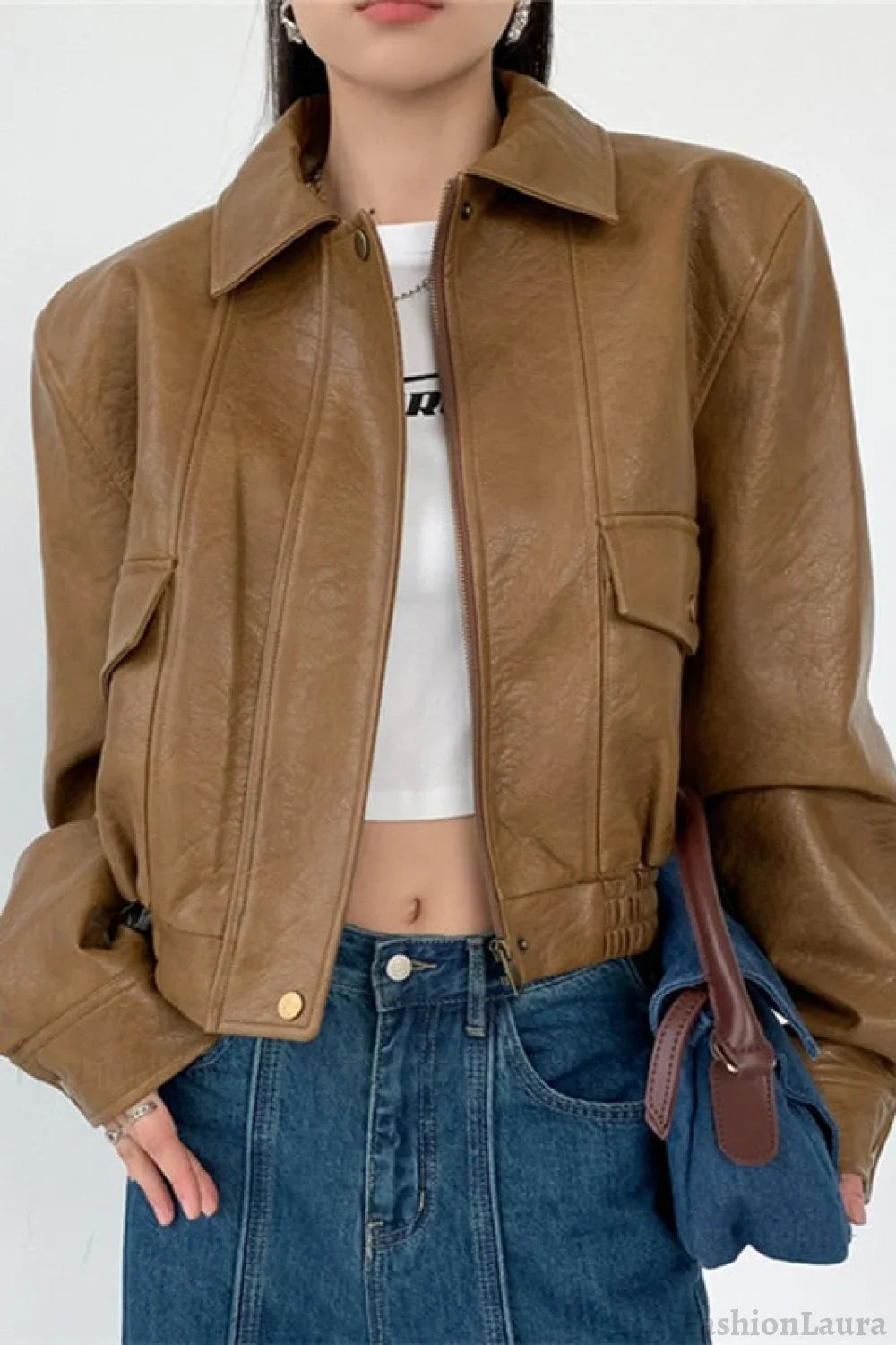 Short PU Leather Notch Lapel Jacket