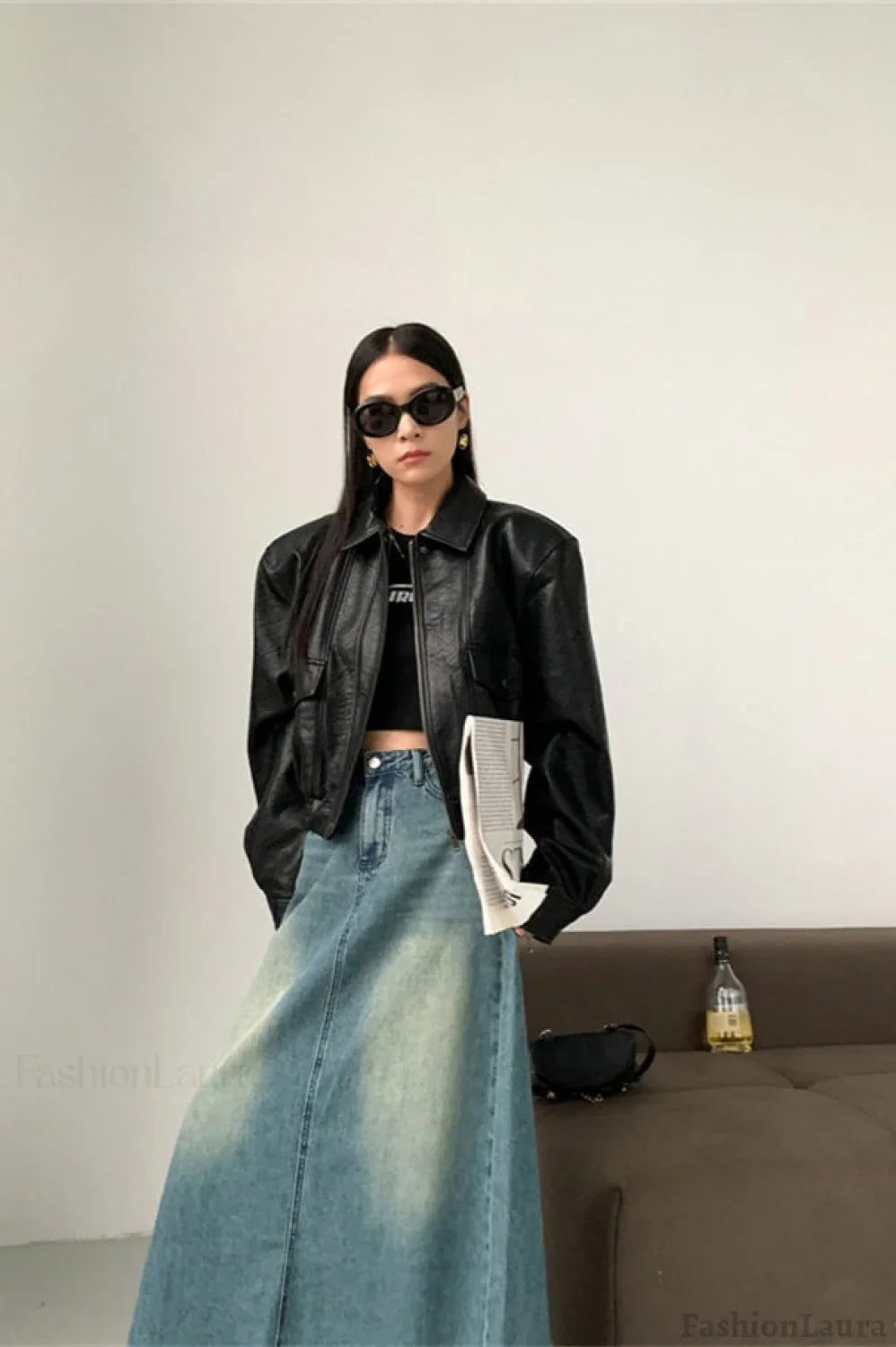 Short PU Leather Notch Lapel Jacket