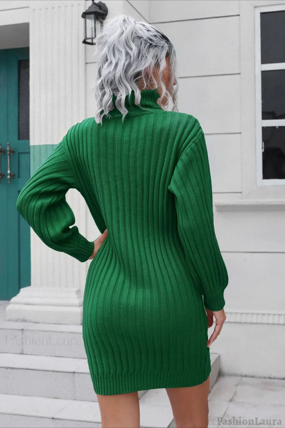 Short Ribbed Turtleneck Sweater Dress