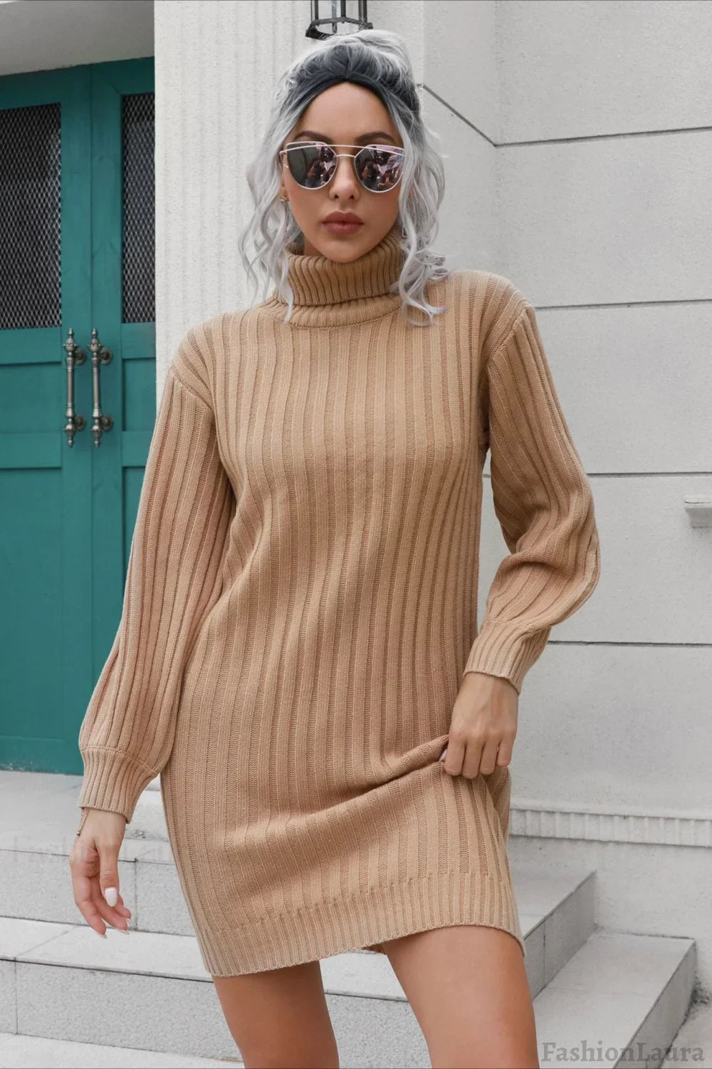 Short Ribbed Turtleneck Sweater Dress
