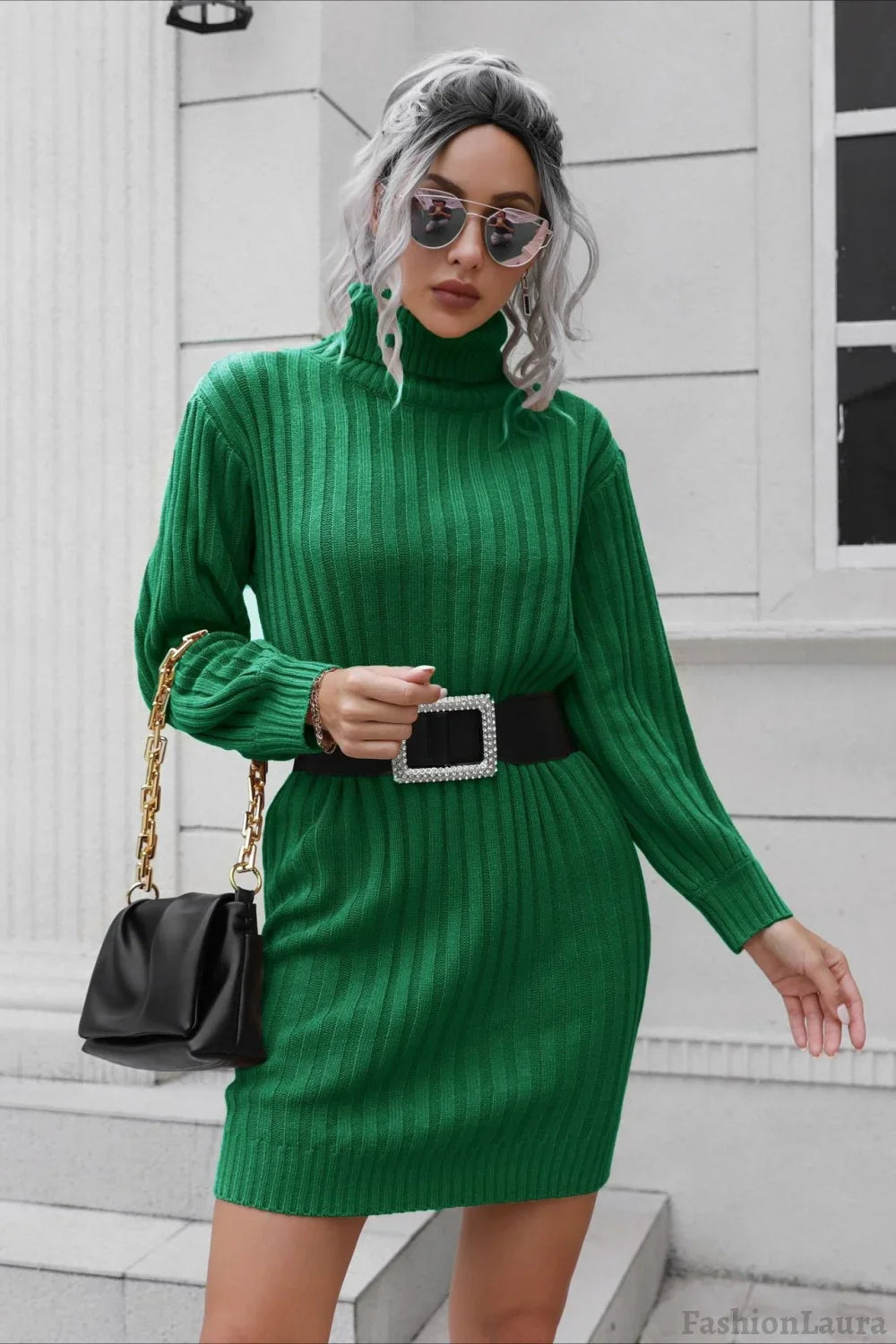 Short Ribbed Turtleneck Sweater Dress