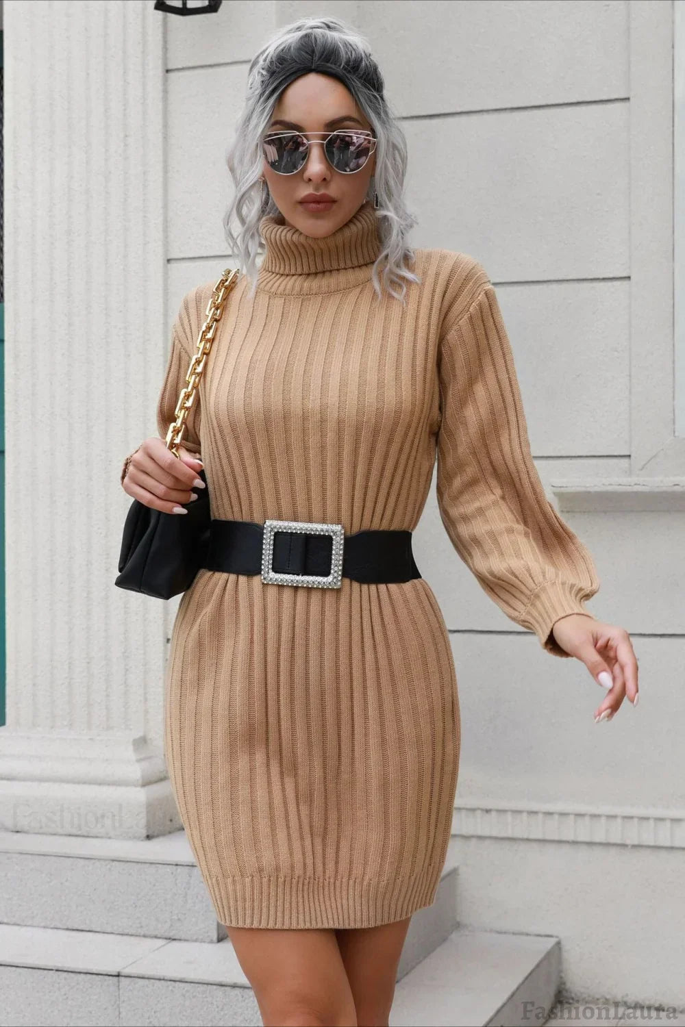 Short Ribbed Turtleneck Sweater Dress S / Khaki