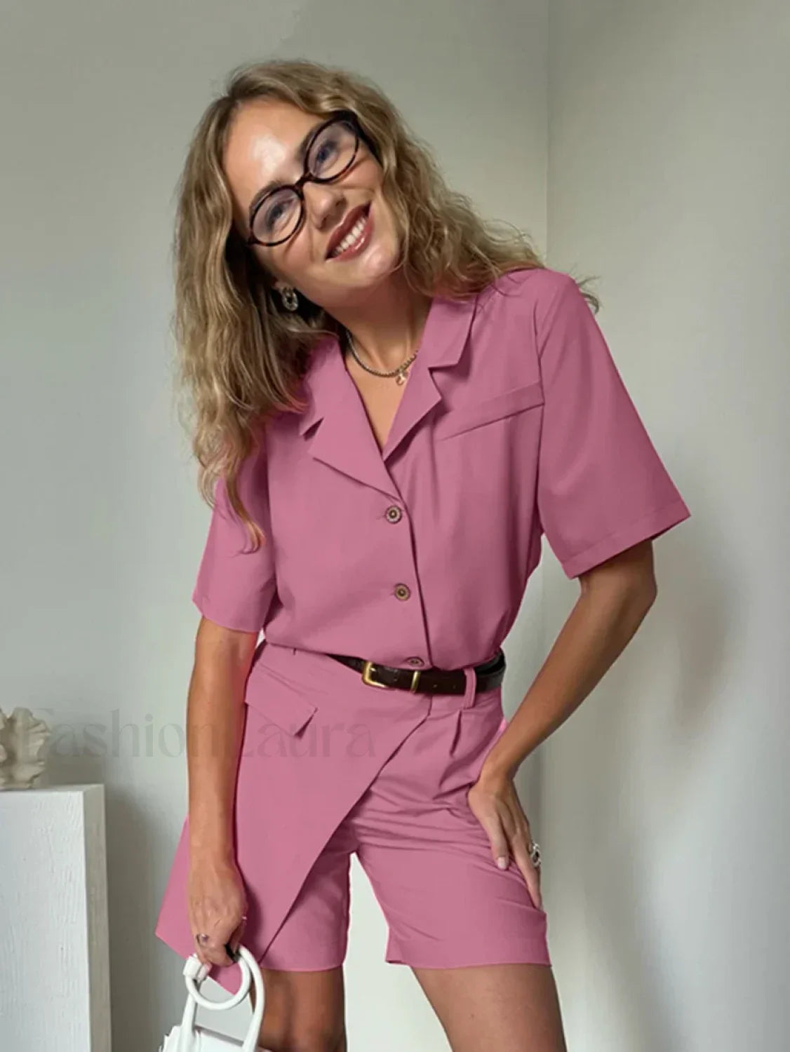 Short Sleeve Collar Pink Pajama Two Piece Set