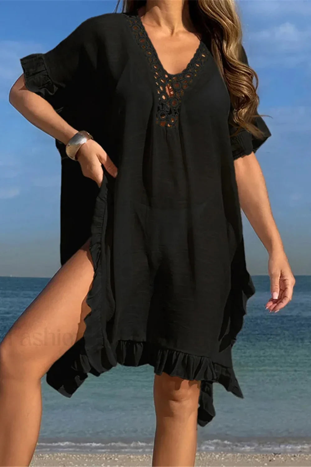 Short Sleeve Crochet Tunic Boho Dress Black / One Size