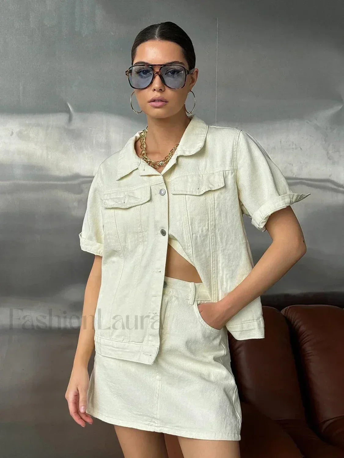 Short Sleeve Skirt Nightwear Two Piece Set Beige / S