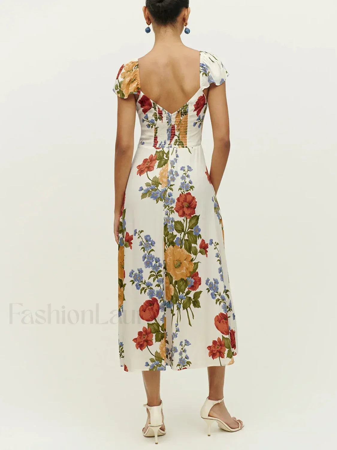 Short-Sleeve Slit Floral Dress
