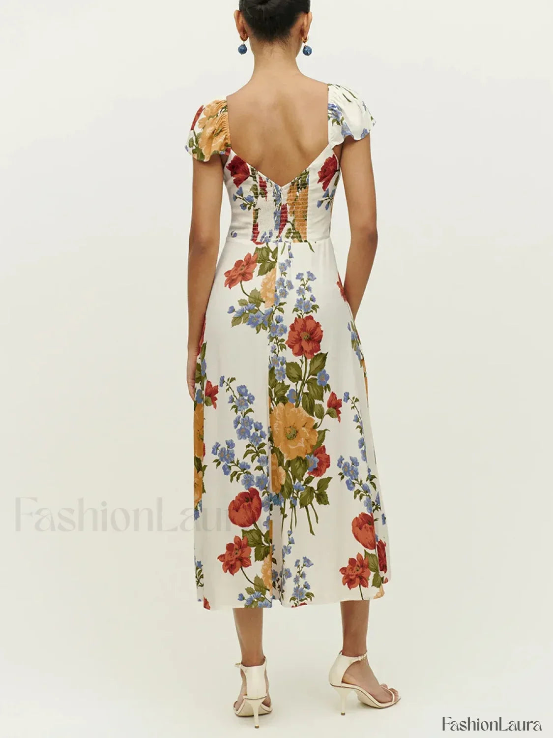 Short-Sleeve Slit Floral Dress
