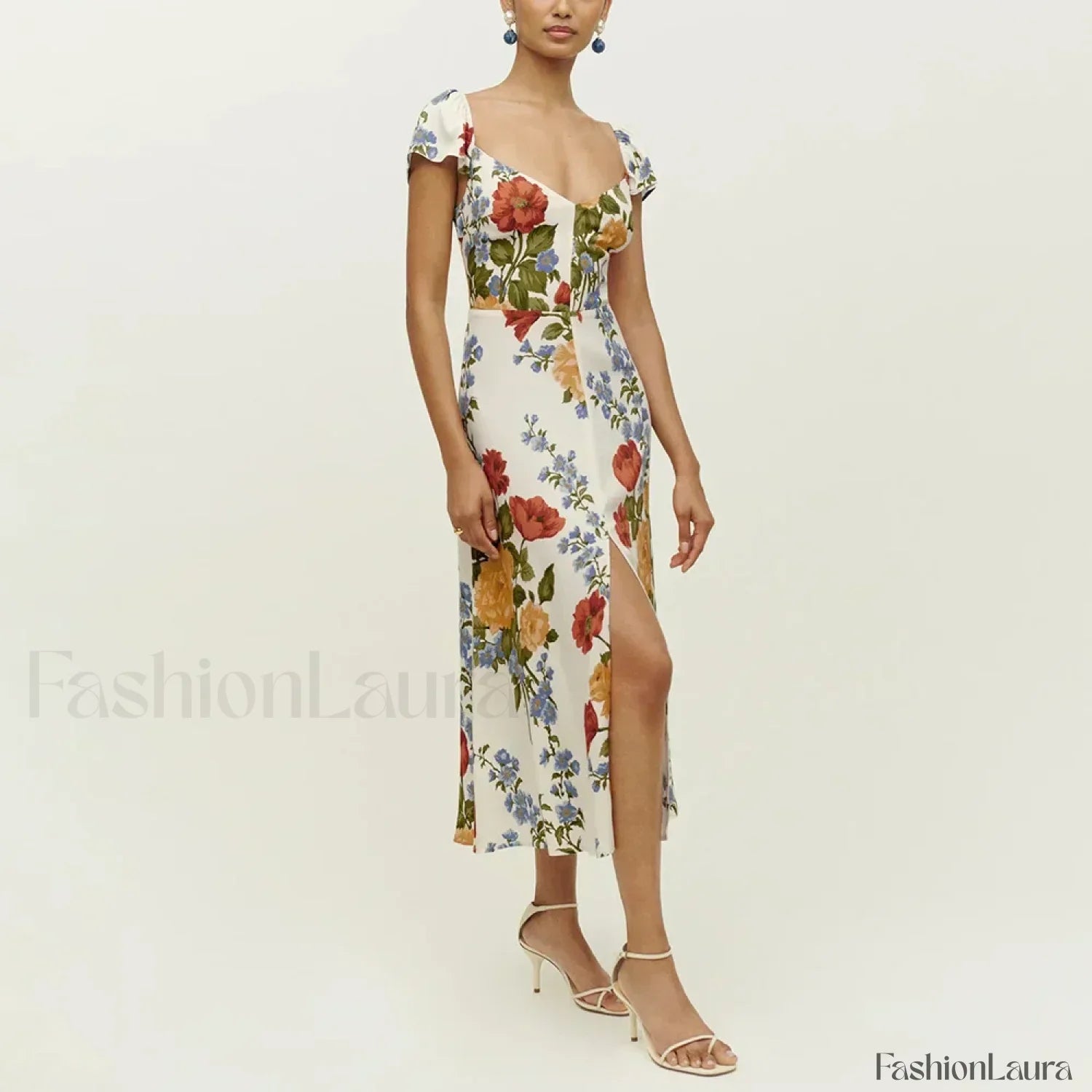 Short-Sleeve Slit Floral Dress