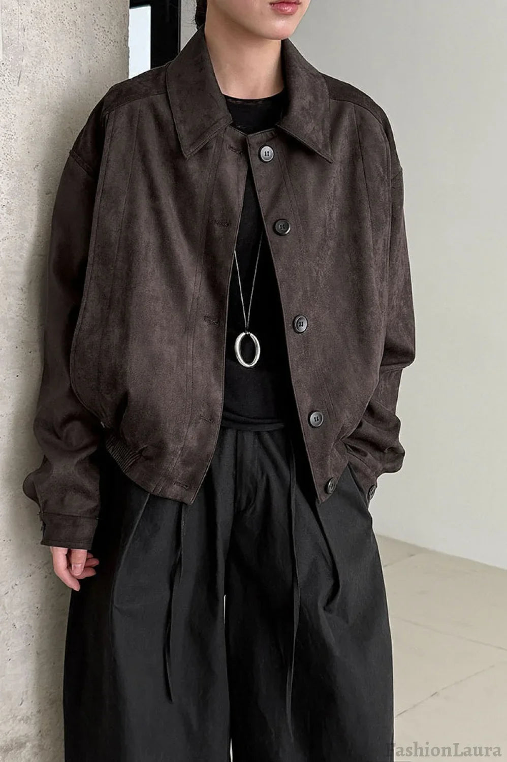 Short Suede Lapel Collar Jacket M / Dark Brown