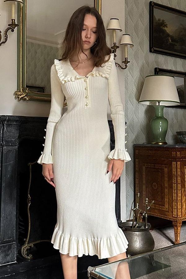 Ribbed Knit Contrast Collar Long Sleeve Button Front Ruffle Hem Midi Dress 8