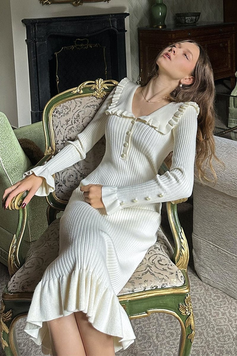 Ribbed Knit Contrast Collar Long Sleeve Button Front Ruffle Hem Midi Dress 10