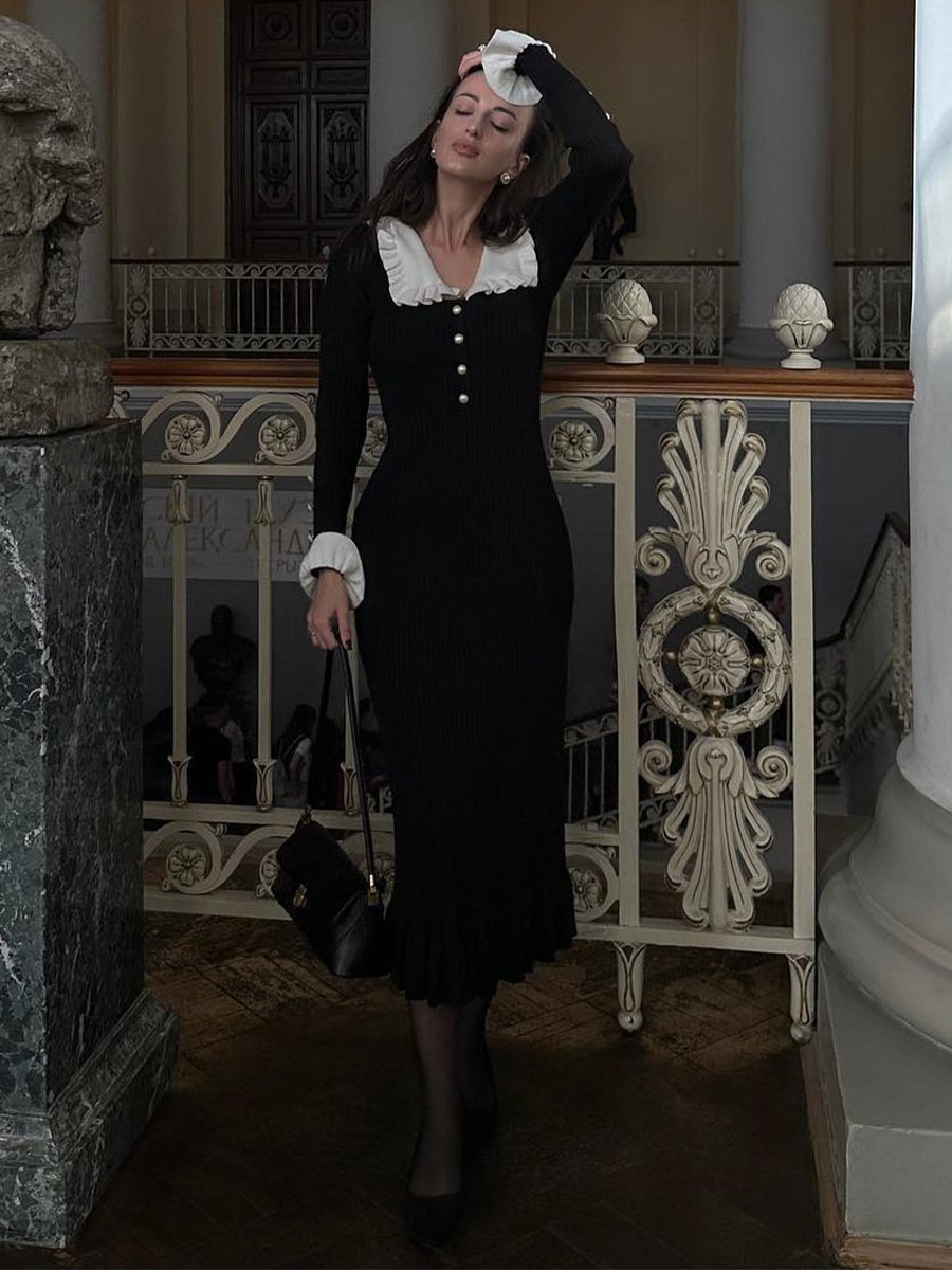Ribbed Knit Contrast Collar Long Sleeve Button Front Ruffle Hem Midi Dress 7