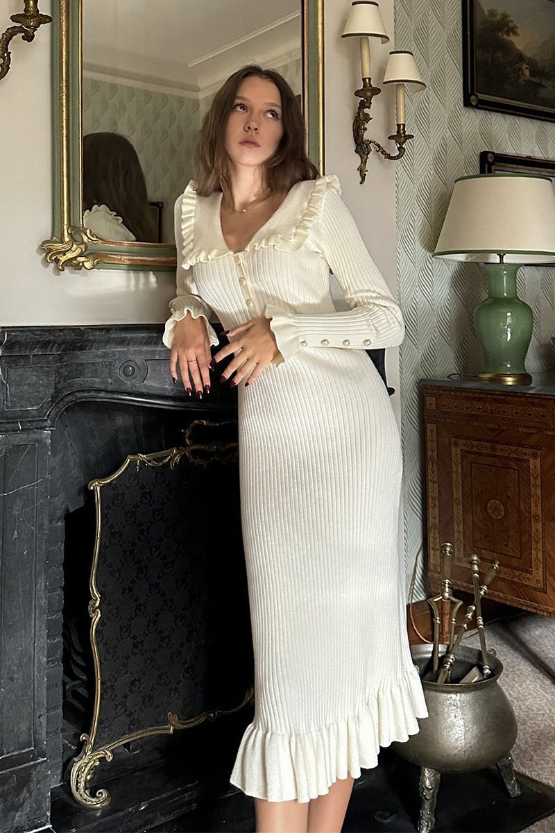 Ribbed Knit Contrast Collar Long Sleeve Button Front Ruffle Hem Midi Dress 2