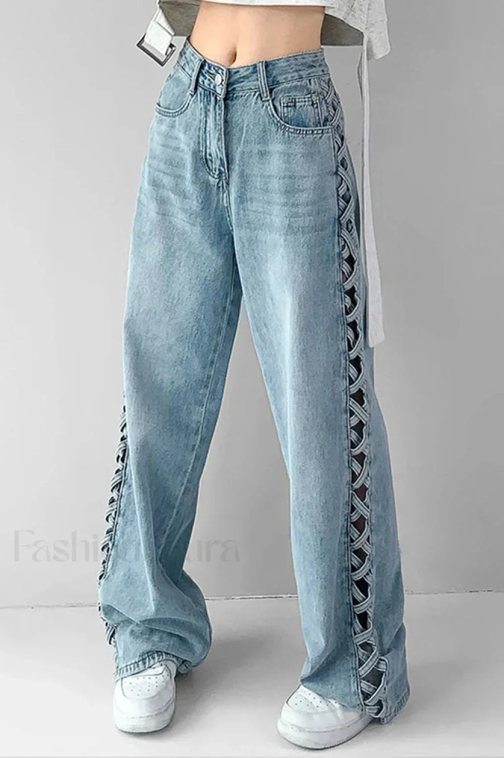 Side Braided Cutout Wide Leg Jeans