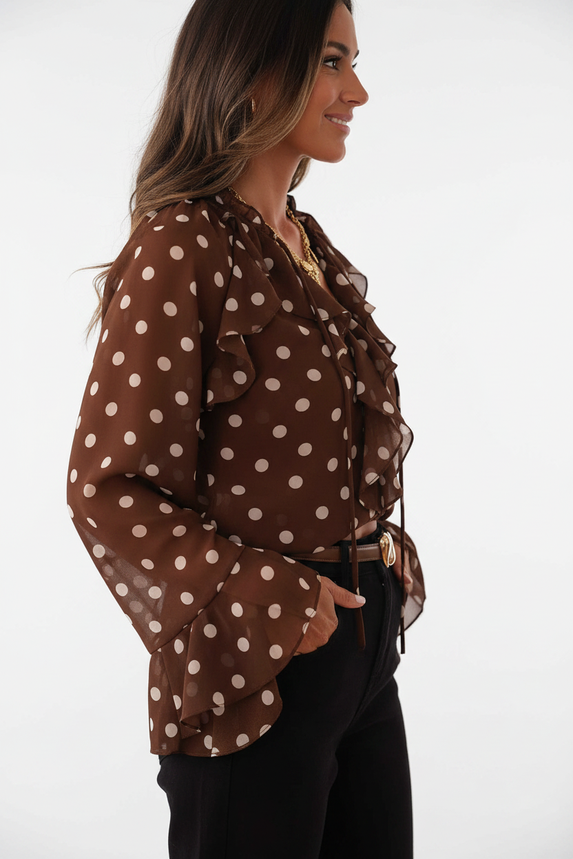 Elegant Vintage Polka Dot Blouse with Soft Fabric and Button Detail