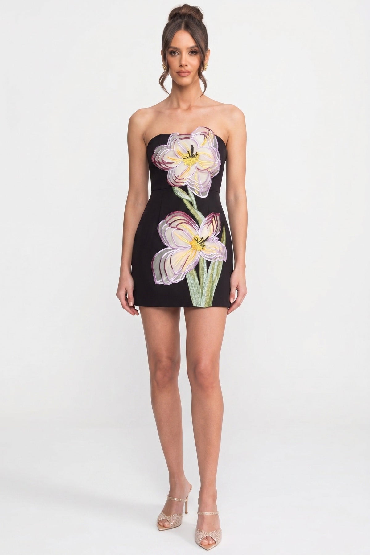 Strapless Floral Embroidered Straight Neck Fitted Mini Dress 7