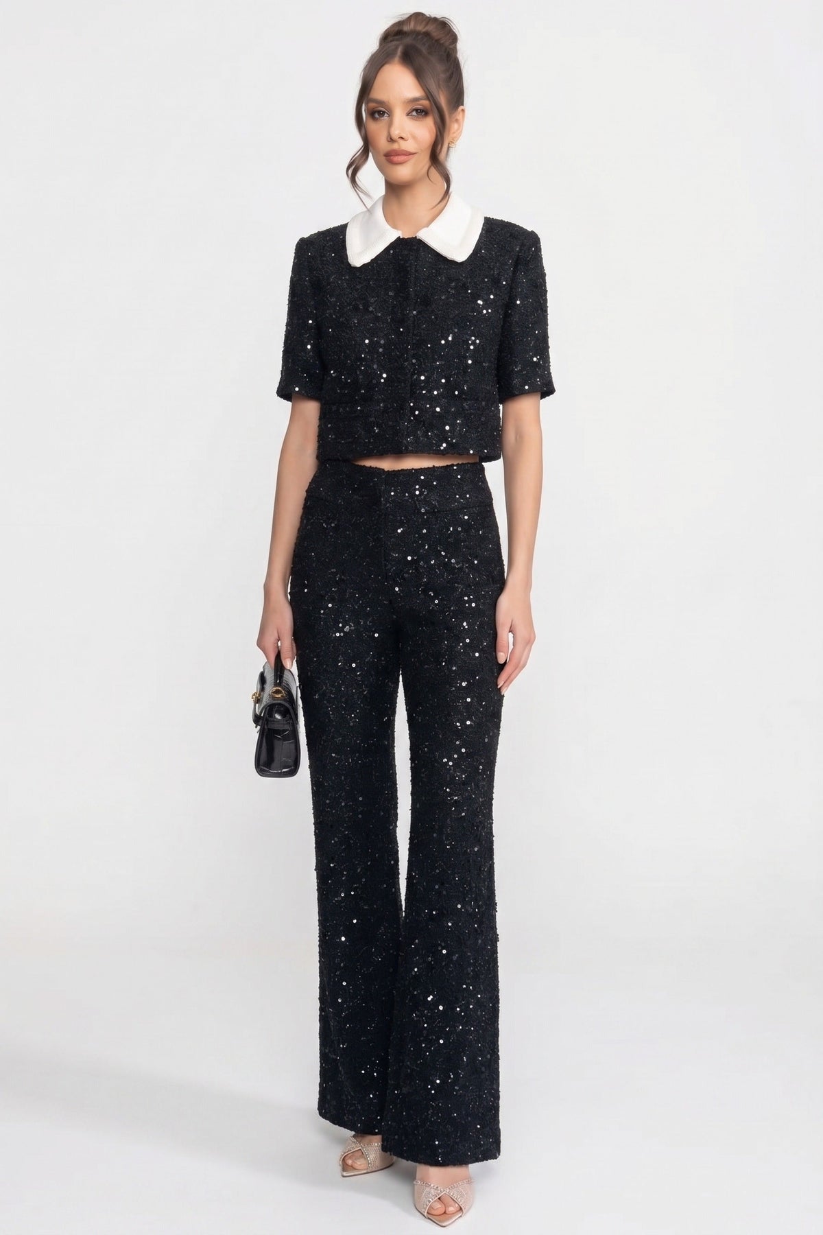 Sequin Tweed Wide Leg High Waist Dress Pants - View 2