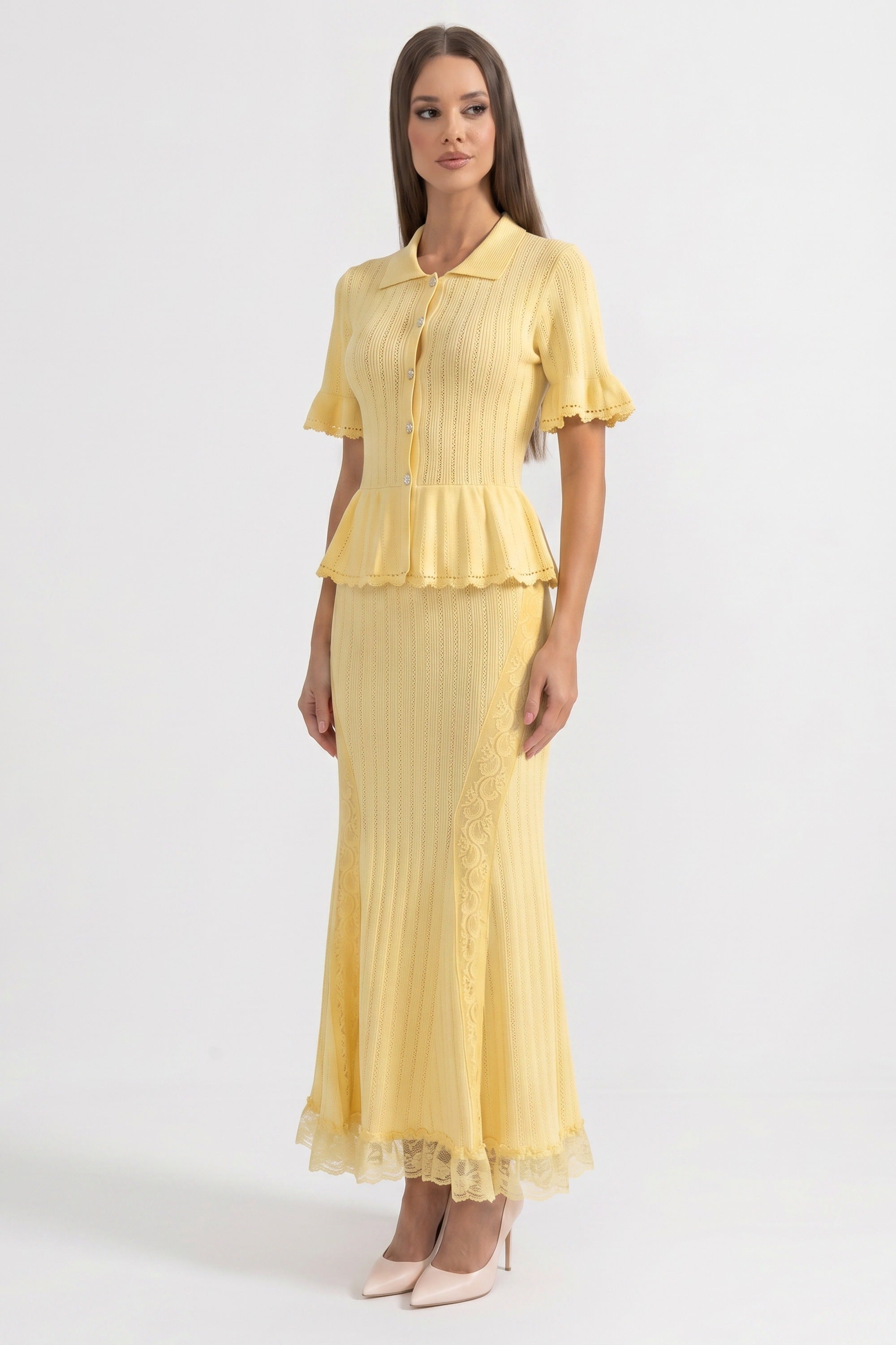 Peter-Pan Collar Knit Peplum Maxi Dress With Lace Hem - Yellow