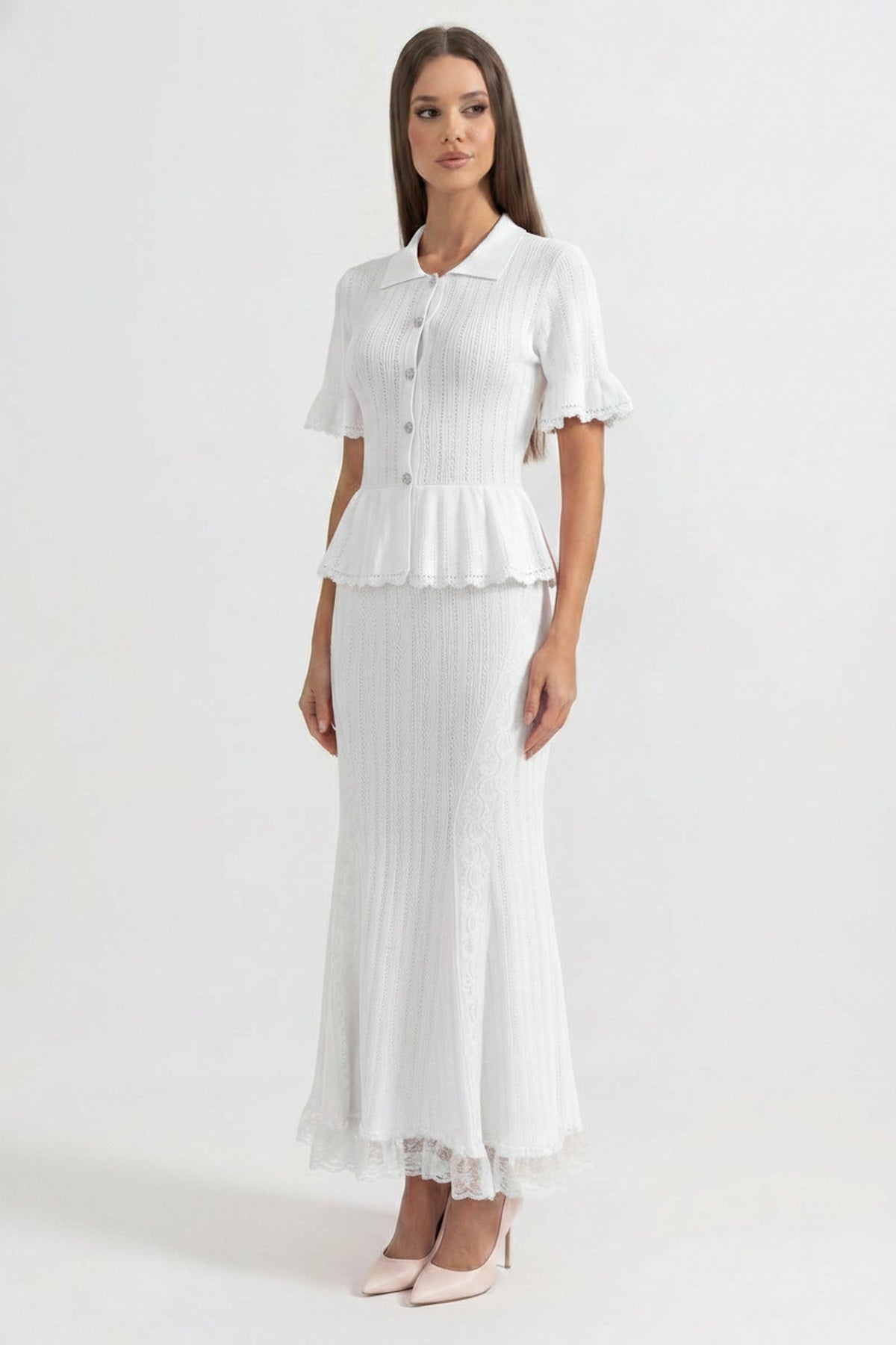 Polo Collar Short Sleeve Pointelle Knit Peplum Lace Hem Maxi Dress 3