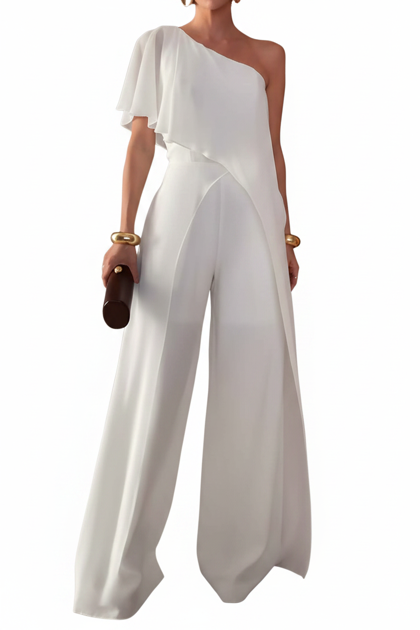 White One-Shoulder Wide-Leg Jumpsuit with Draped Overlay Elegant Evening Outfit with Pockets and Adjustable Straps
