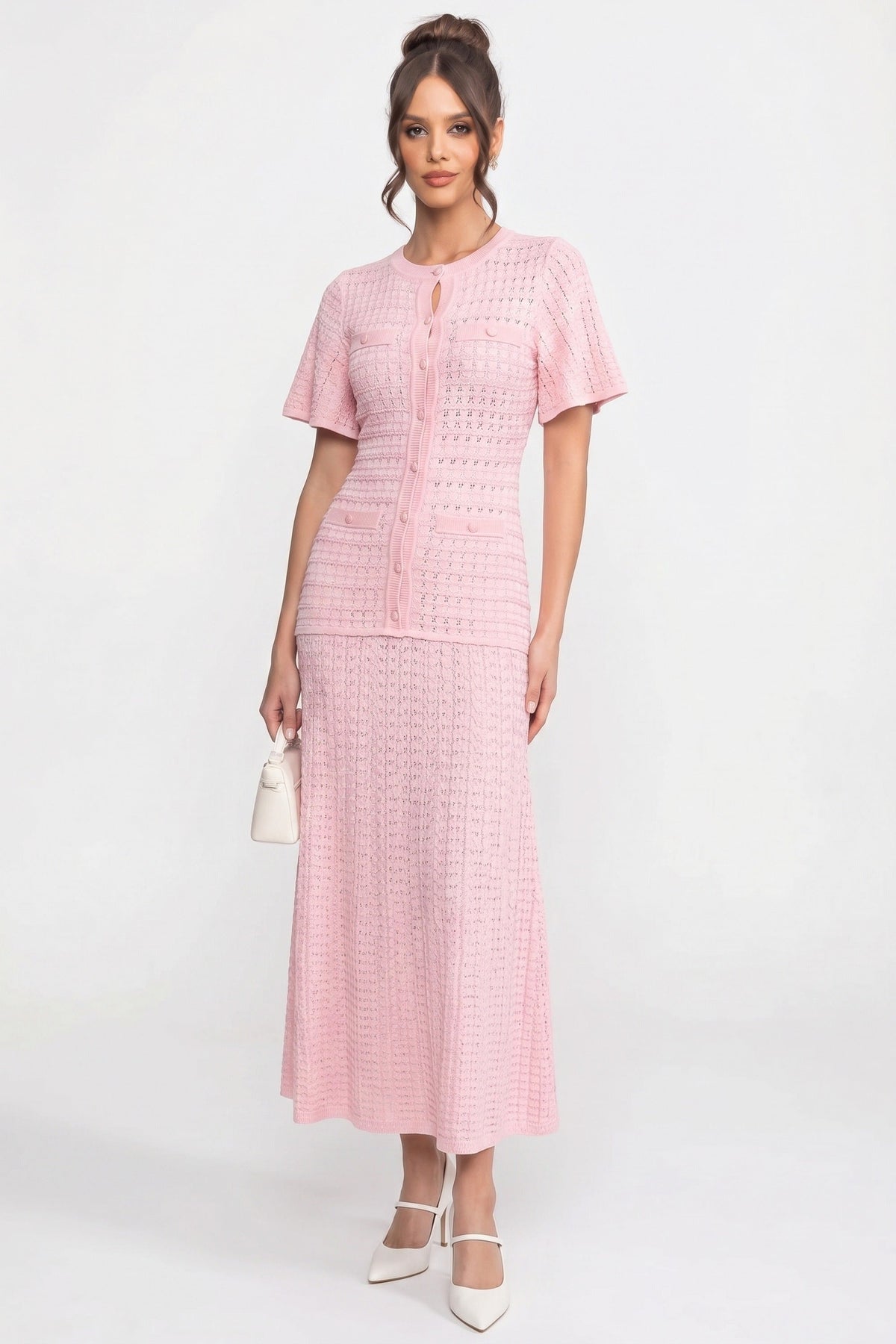 Crew Neck Short Sleeve Button Front Open Knit Flap Pocket Maxi Dress