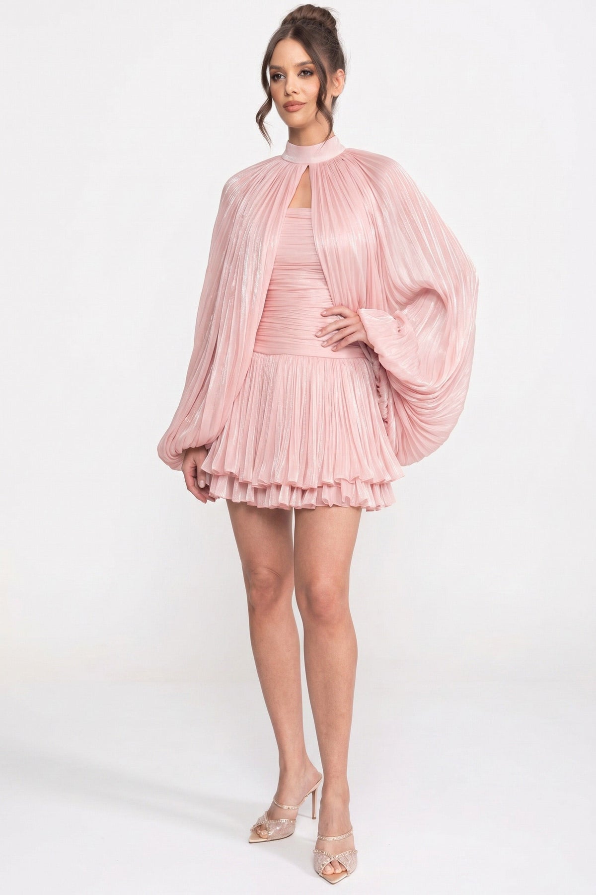 High Neck Keyhole Cut Out Pleated Cape Sleeve Ruched Mini Dress - View 7