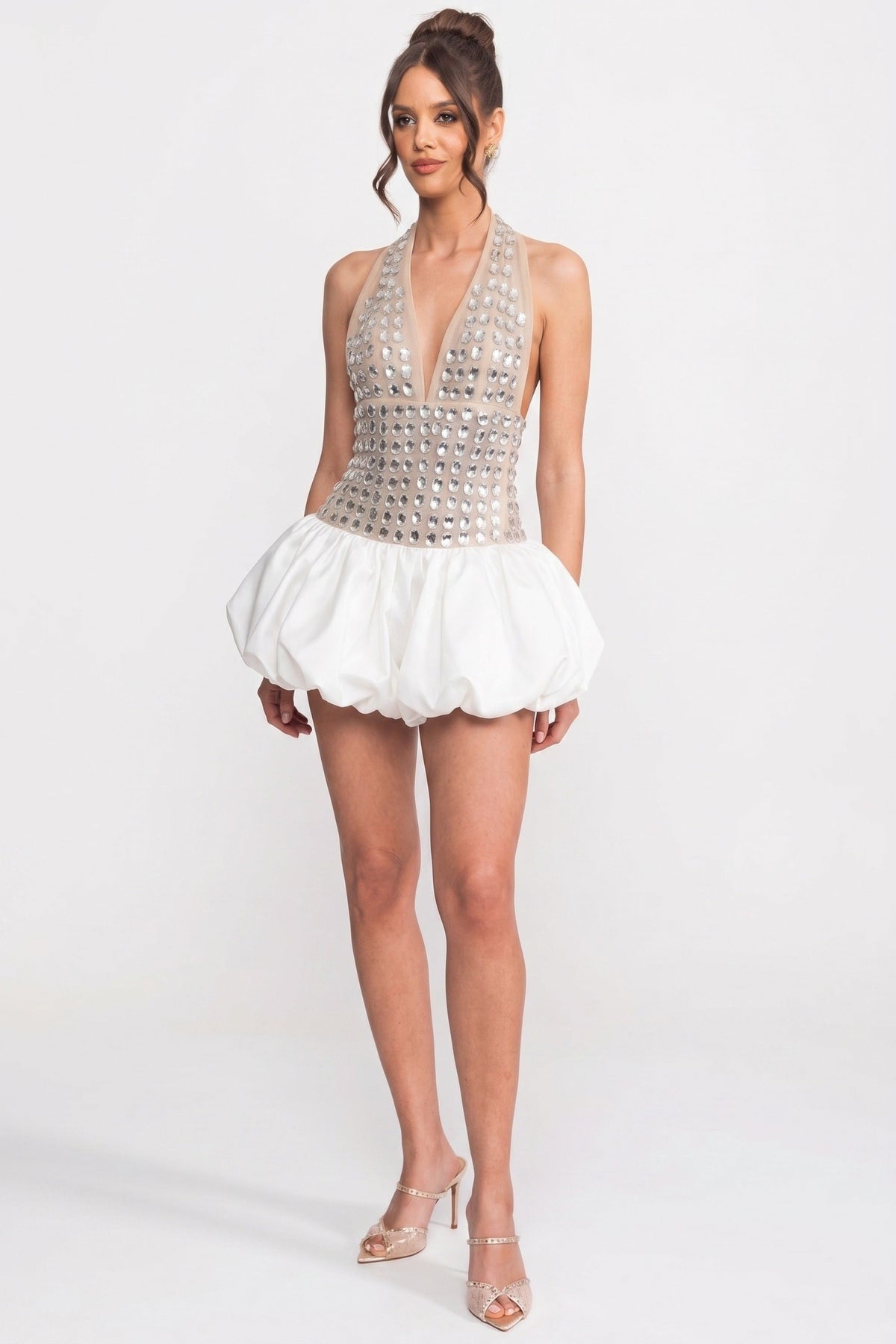 Rhinestone Embellished Mesh Halter Deep V-Neck Bubble Hem Mini Dress 4