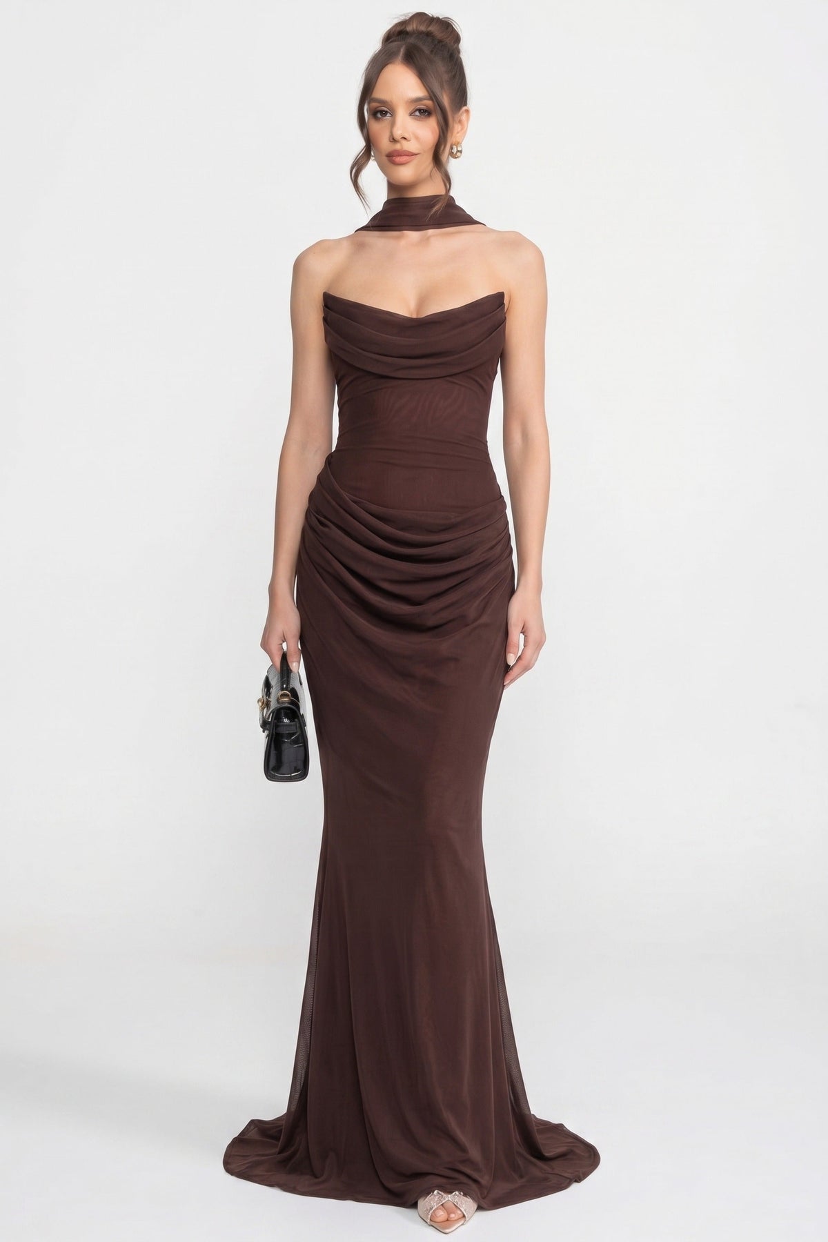 Strapless Cowl Neck Draped Sheer Mesh Maxi Gown with Scarf and Gloves 4