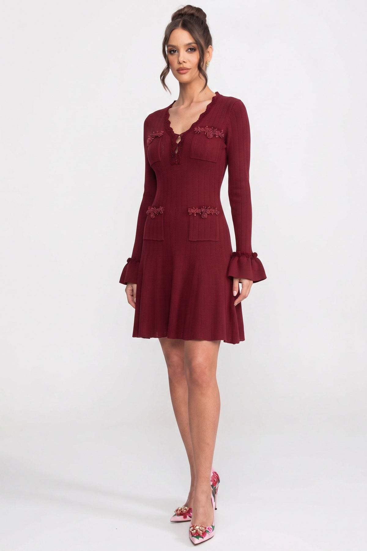 Scalloped V-Neck Long Sleeve Ruffle Cuff Ribbed Knit Flare Mini Dress 3