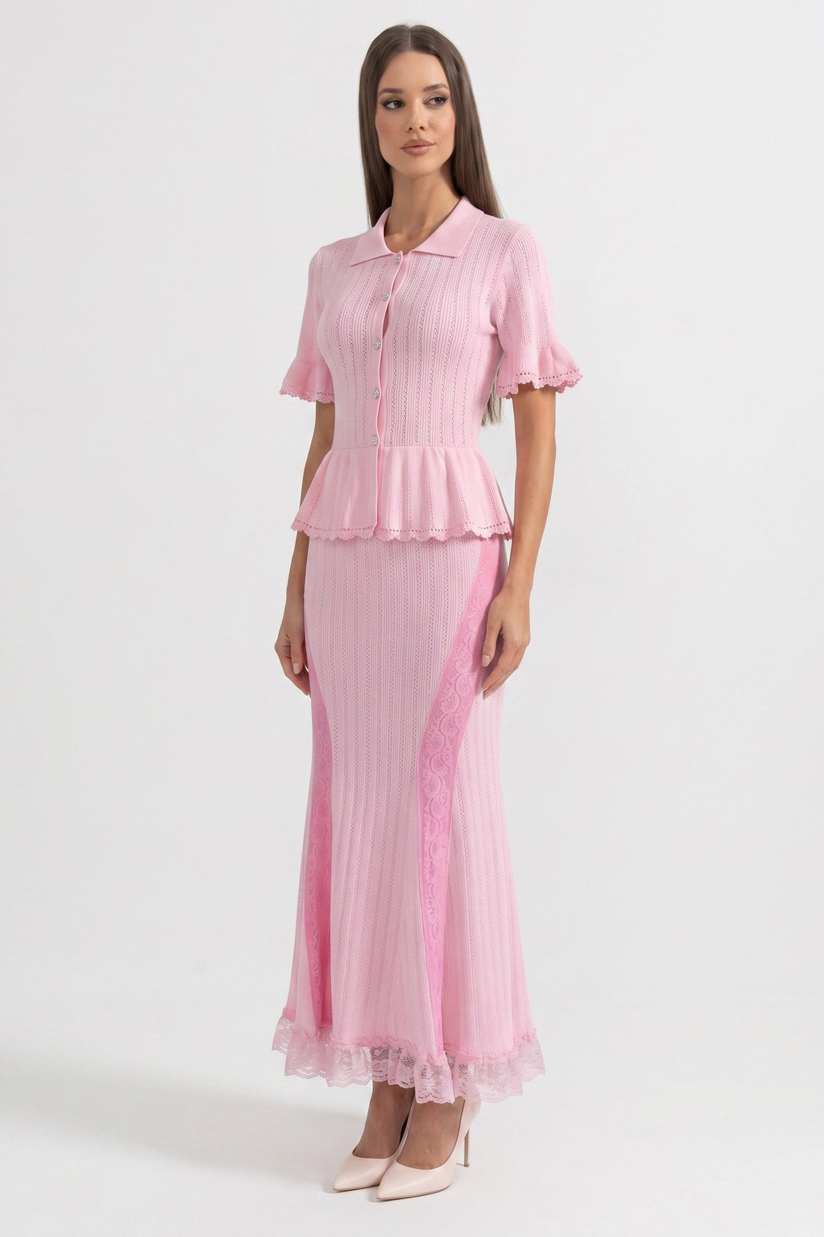 Polo Collar Short Sleeve Pointelle Knit Peplum Lace Hem Maxi Dress 5