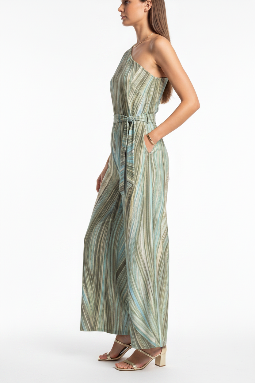 Elegant Abstract Print Wide Leg Jumpsuit with Pockets and Belted Waist