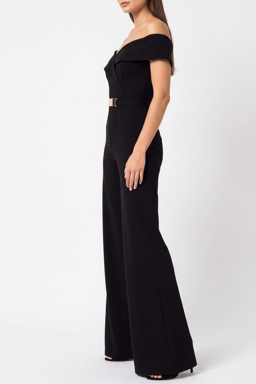 Women's Black Wide-Leg Off-Shoulder Jumpsuit for Cocktail Party & Wedding Guest
