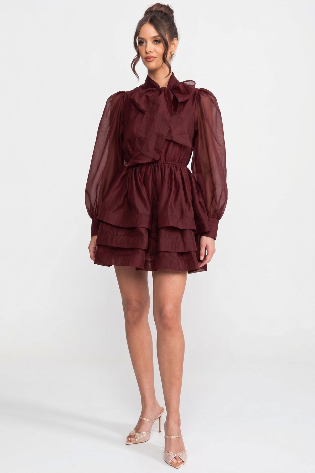 Bow Tie Neck Sheer Puff Sleeve Organza Tiered Ruffle Mini Dress 5