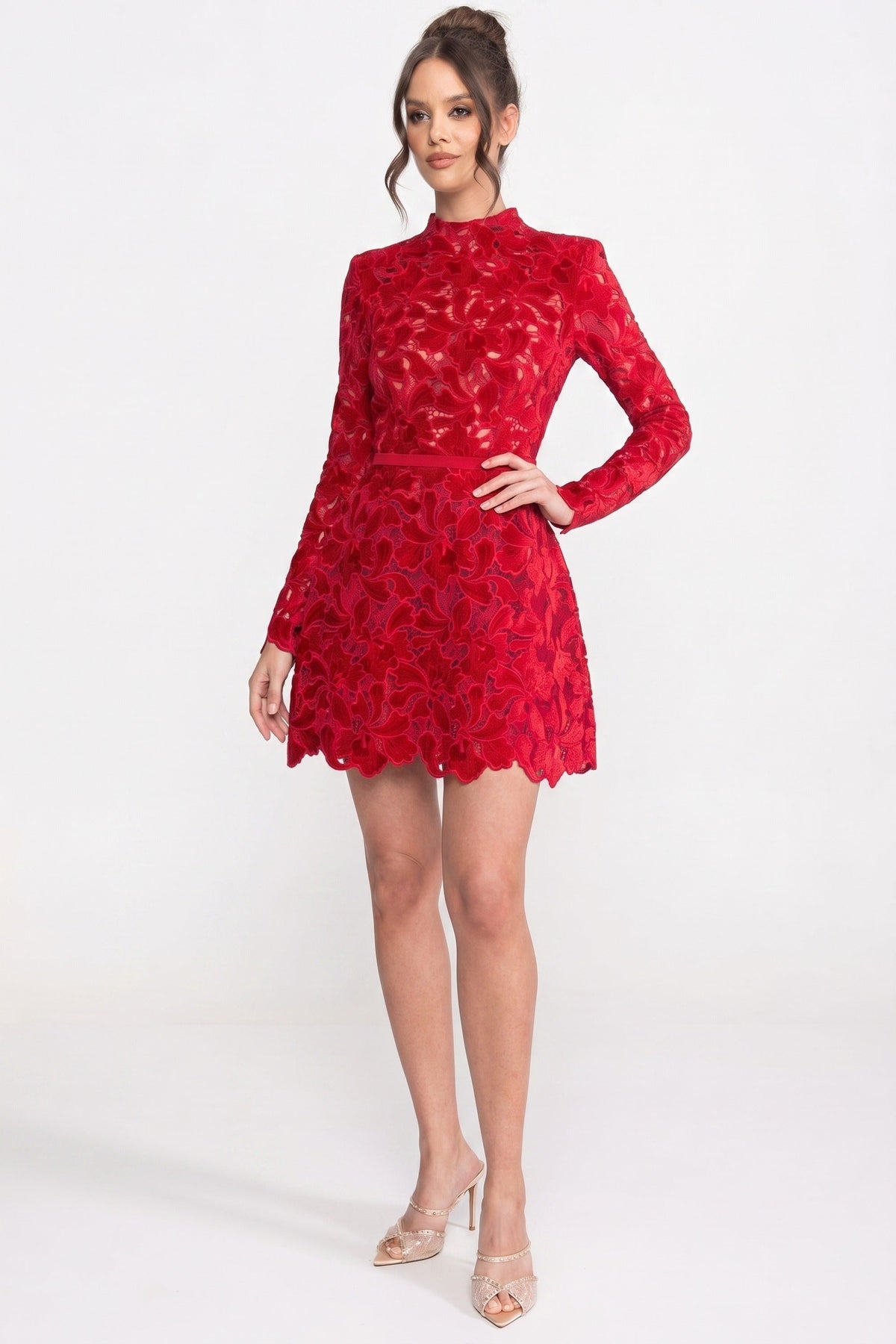 Mock Neck Long Sleeve Floral Lace Scalloped Hem Mini Dress 4